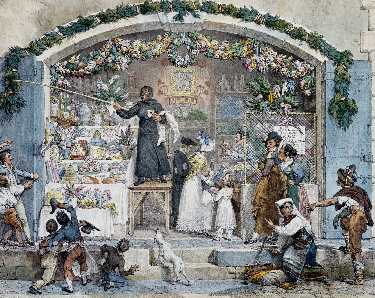 Befana w Rzymie, Antoine-Jean-Baptiste Thomas (1791-1833), druk. Włochy autorstwa Antoine Jean Baptiste Thomas