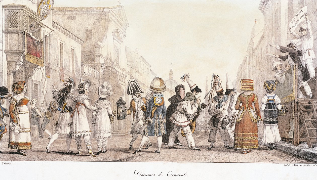 Kostiumy karnawałowe, Antoine-Jean-Baptiste Thomas (1791-1833), akwarela. Włochy autorstwa Antoine Jean Baptiste Thomas