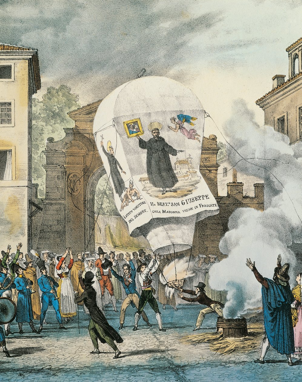Balon na ogrzane powietrze na Dzień San Giuseppe w Rzymie, Antoine-Jean-Baptiste Thomas (1791-1833), druk. Szczegół. Włochy autorstwa Antoine Jean Baptiste Thomas