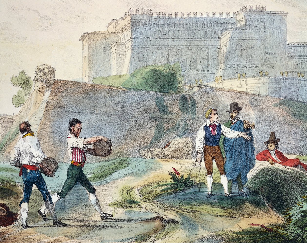 Gra w ruzzicę, Antoine Jean-Baptiste Thomas (1791-1834), litografia kolorowa z Roku w Rzymie i okolicach autorstwa Antoine Jean Baptiste Thomas
