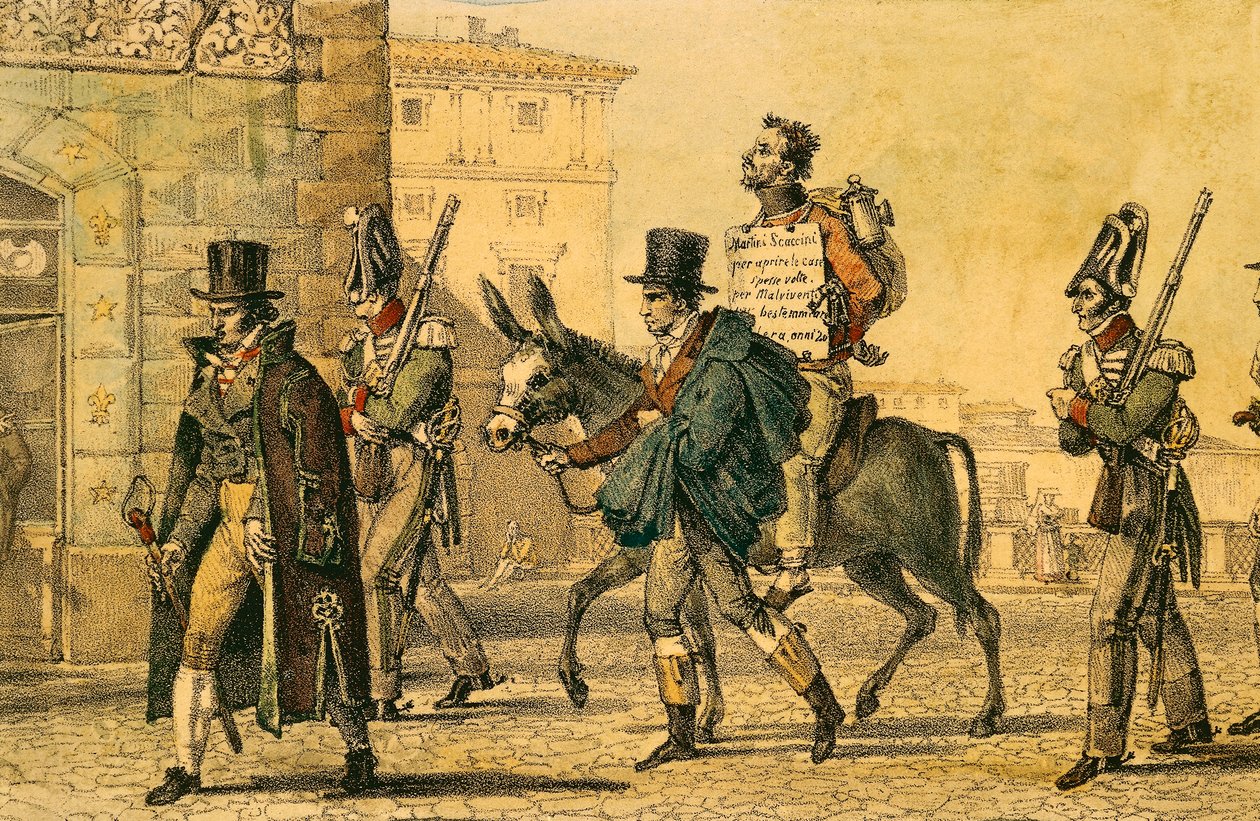 Kara polegająca na przeprowadzeniu przez ulicę na osiołku, litografia Jean-Baptiste-Antoine