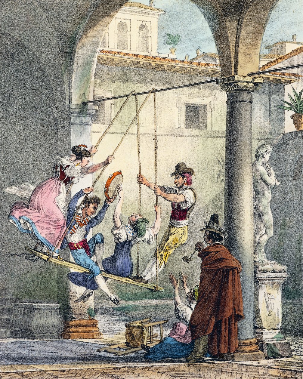 Huśtawka, rycina Antoine Jean-Baptiste Thomas (1791-1834) z Un an a Rome et dans ses environs (Rok w Rzymie i okolicach), Francja autorstwa Antoine Jean Baptiste Thomas
