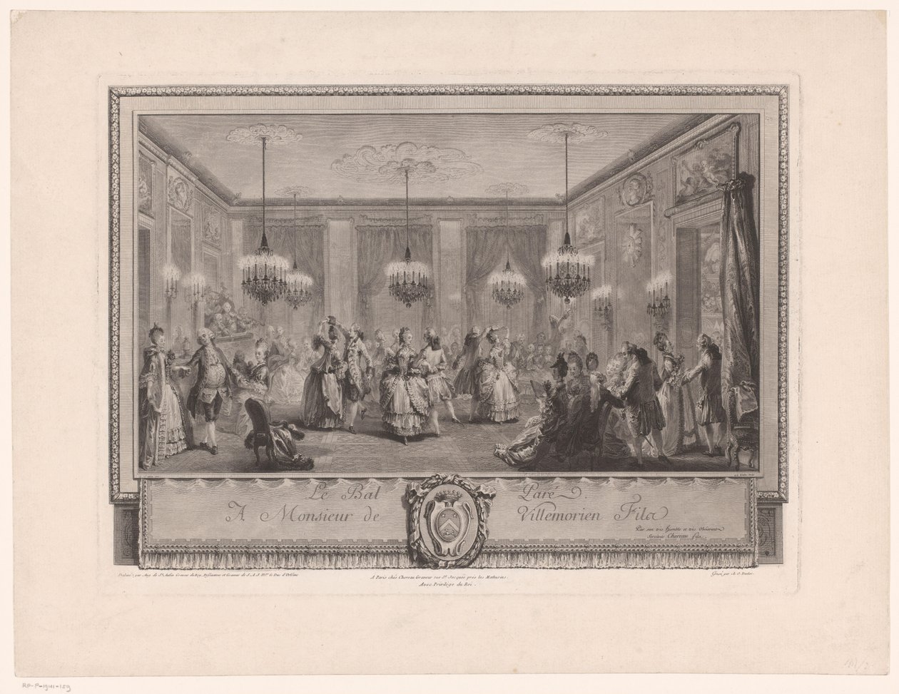 Marie Antoinette: Królowa mody: Bal w domu pana de Villemorien Sala balowa z parami tanecznymi Le Bal Pare (tytuł na obiekcie) autorstwa Antoine Jean Duclos
