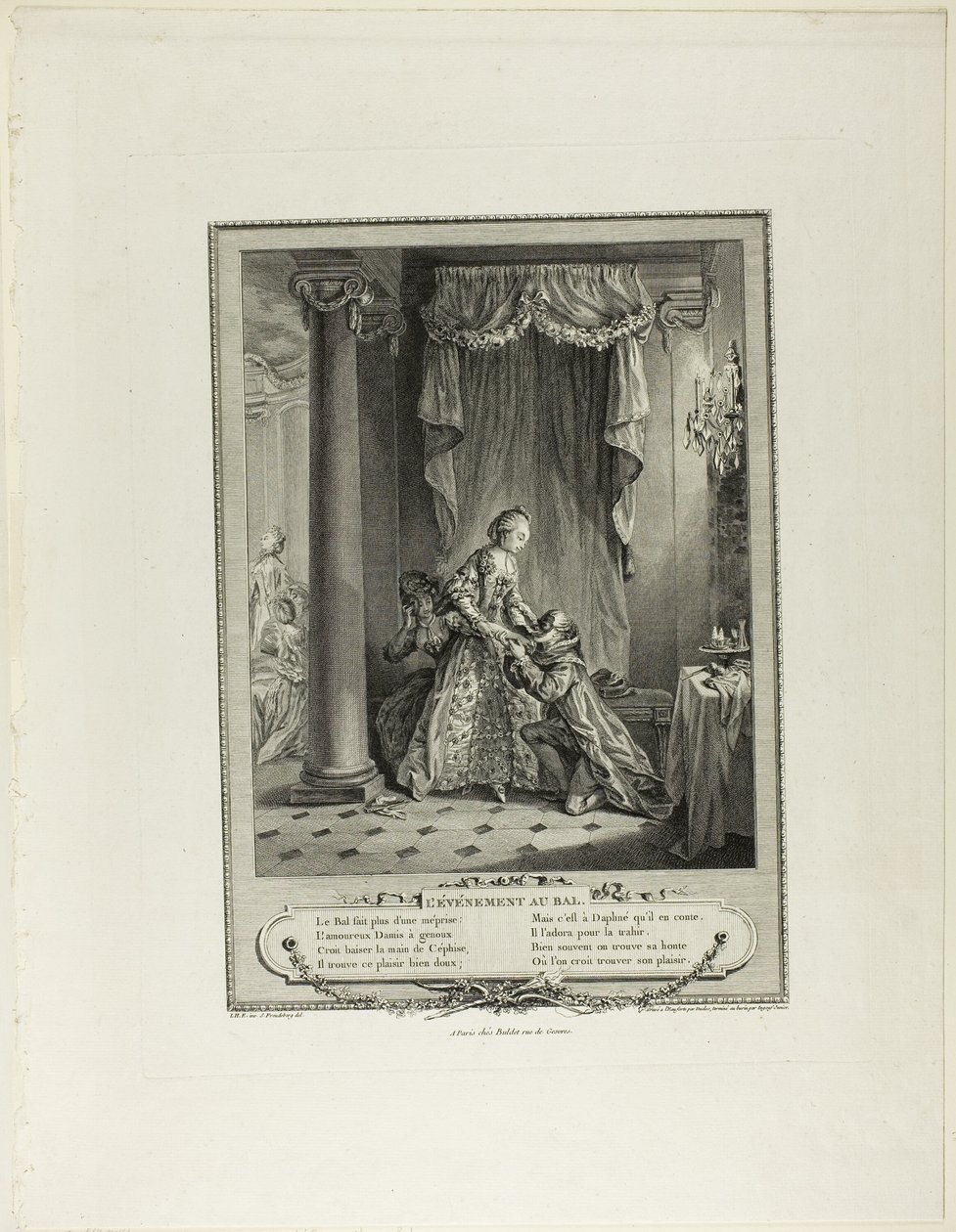 Wydarzenie na balu, z Monument du Costume Physique et Moral de la fin du Dix-huitième siècle autorstwa Antoine Jean Duclos