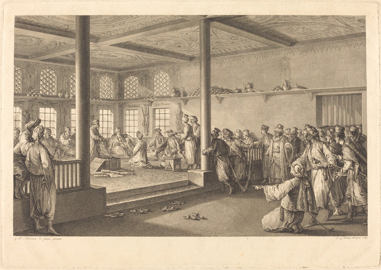 Odbiór Choiseul-Gouffier w Hassan-Tchousch-Oglou autorstwa Antoine Jean Duclos after Jean Michel Moreau