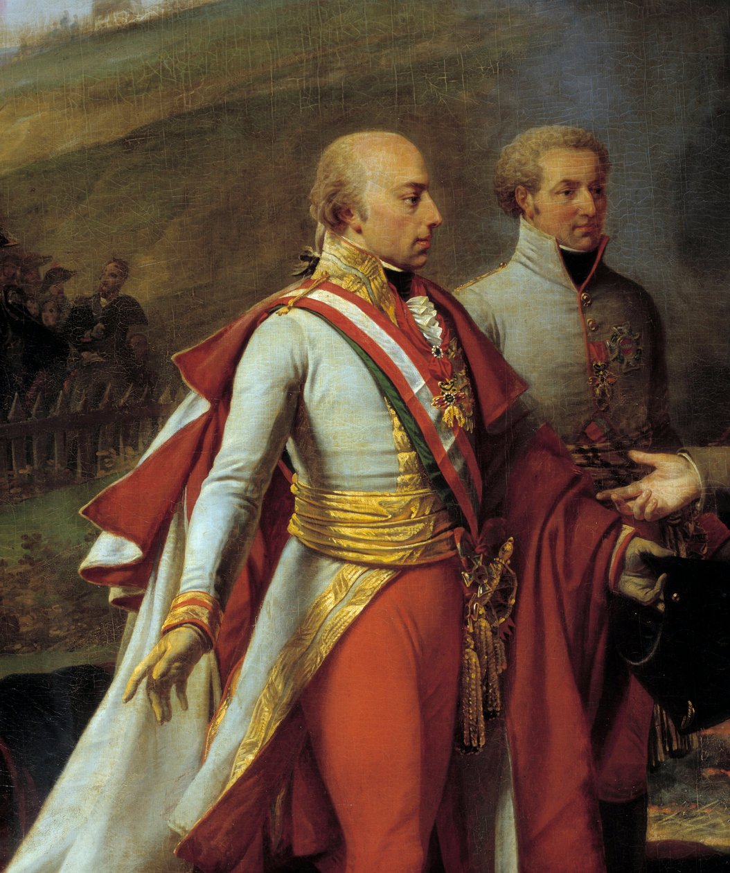 Wywiad z Napoleonem I (1769-1821) i Franciszkiem II w Sarutschitz na Morawach po bitwie pod Austerlitz, 4.12.1805 Szczegół przedstawiający Franciszka II Austriaka (1768-1835) (po lewej) i Jana I z Liechtensteinu (1760-1836) ) (prawo). Obraz Antoine