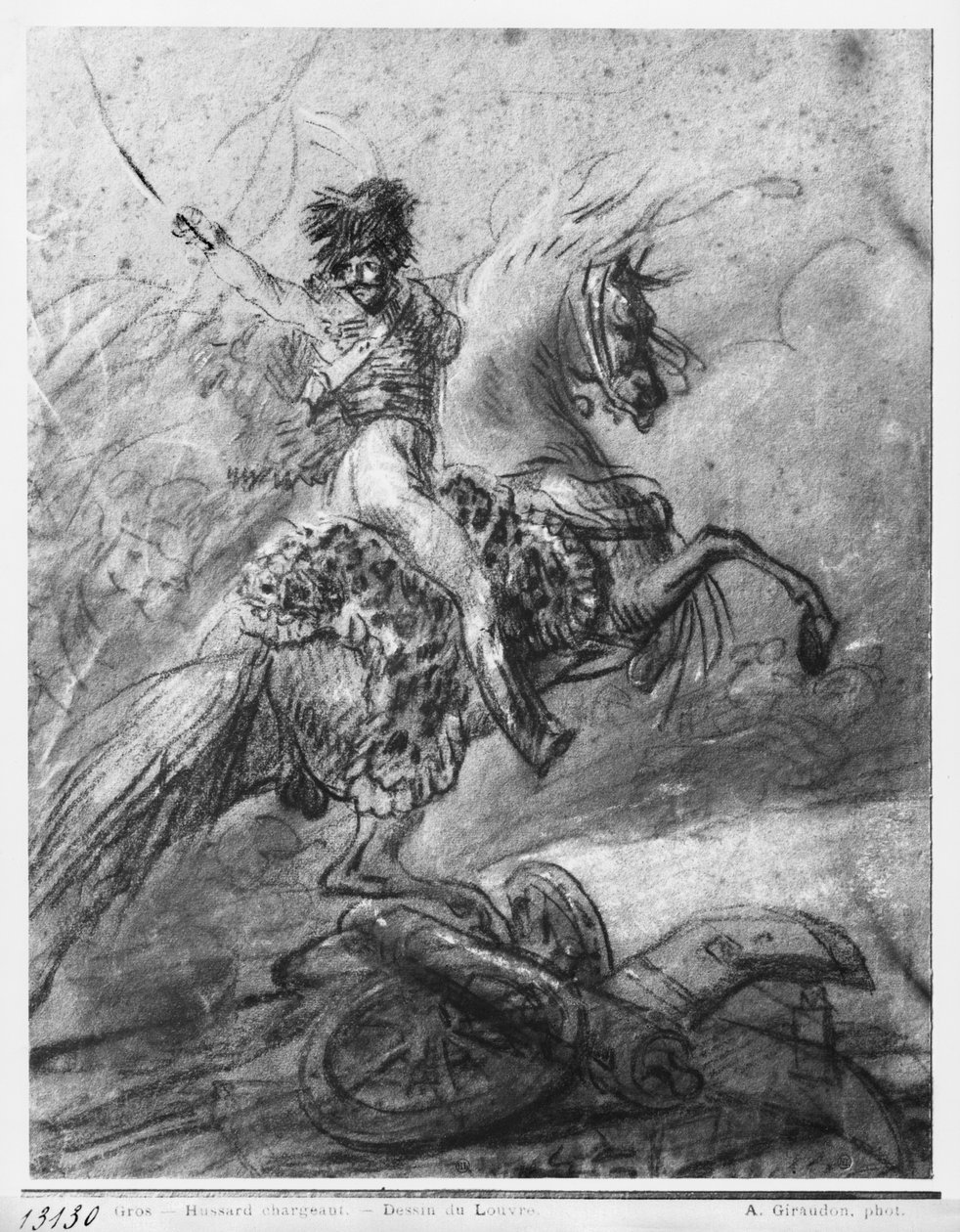 Oficer Huzarów na koniu (czarny ołówek i niebieski pastel i białe pasemka na papierze) autorstwa Antoine Jean Gros