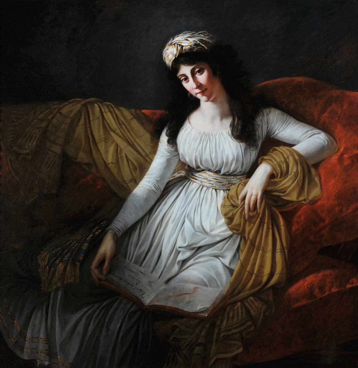 Portret Madame Fravegi (napis na książce „In qual barbaro momento recitativo D. Cimarosa”) (olej na płótnie) autorstwa Antoine Jean Gros