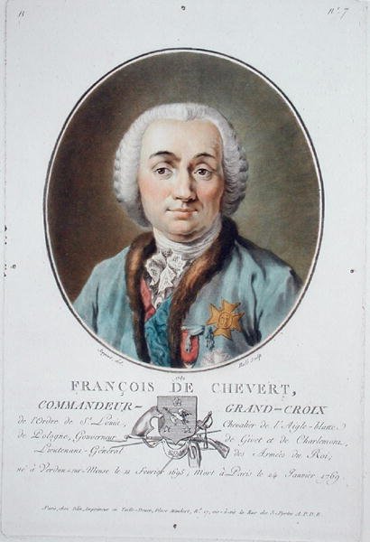 Francois de Chevert (1695-1769) z „Portrety wielkich mężczyzn, znamienitych kobiet i pamiętnych poddanych Francji”, grawerowane przez Ride, opublikowane 1787-92 (kolor lito) autorstwa Antoine Louis Francois (after) Sergent Marceau