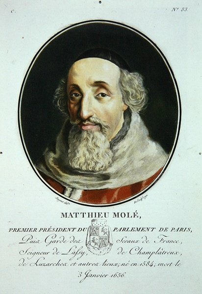 Matthieu Mole, z „Portrety wielkich mężczyzn, wybitnych kobiet i pamiętnych poddanych Francji, grawerowane i drukowane w kolorze”, opublikowane przez Pierre Blin autorstwa Antoine Louis Francois (after) Sergent Marceau