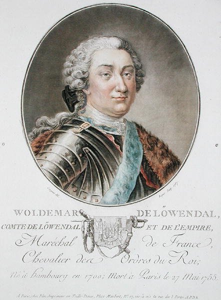 Woldemar de Lowendal (1700-55) 1787, z „Portrety wielkich mężczyzn, znamienitych kobiet i pamiętnych poddanych Francji”, ryty przez Rogera, opublikowany 1787-92 (kolor lito) autorstwa Antoine Louis Francois (after) Sergent Marceau