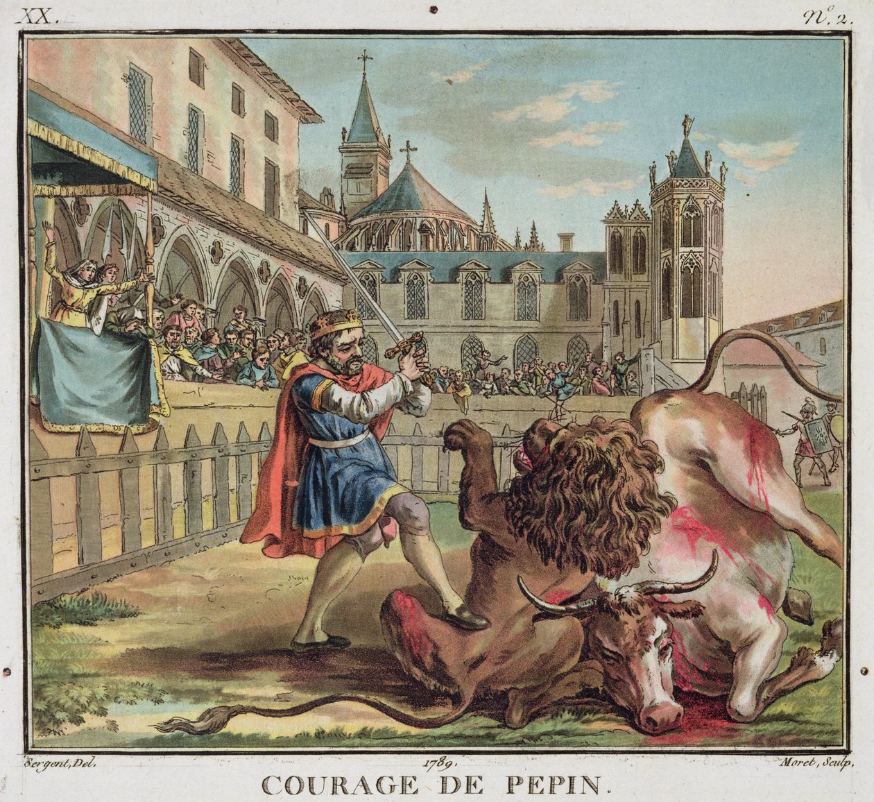 Odwaga Pepina (714-68), ryt. Jean Baptiste Morret (fl. 1790-1820) 1789 (grawerowanie kolorowe) autorstwa Antoine Louis Francois (after) Sergent Marceau