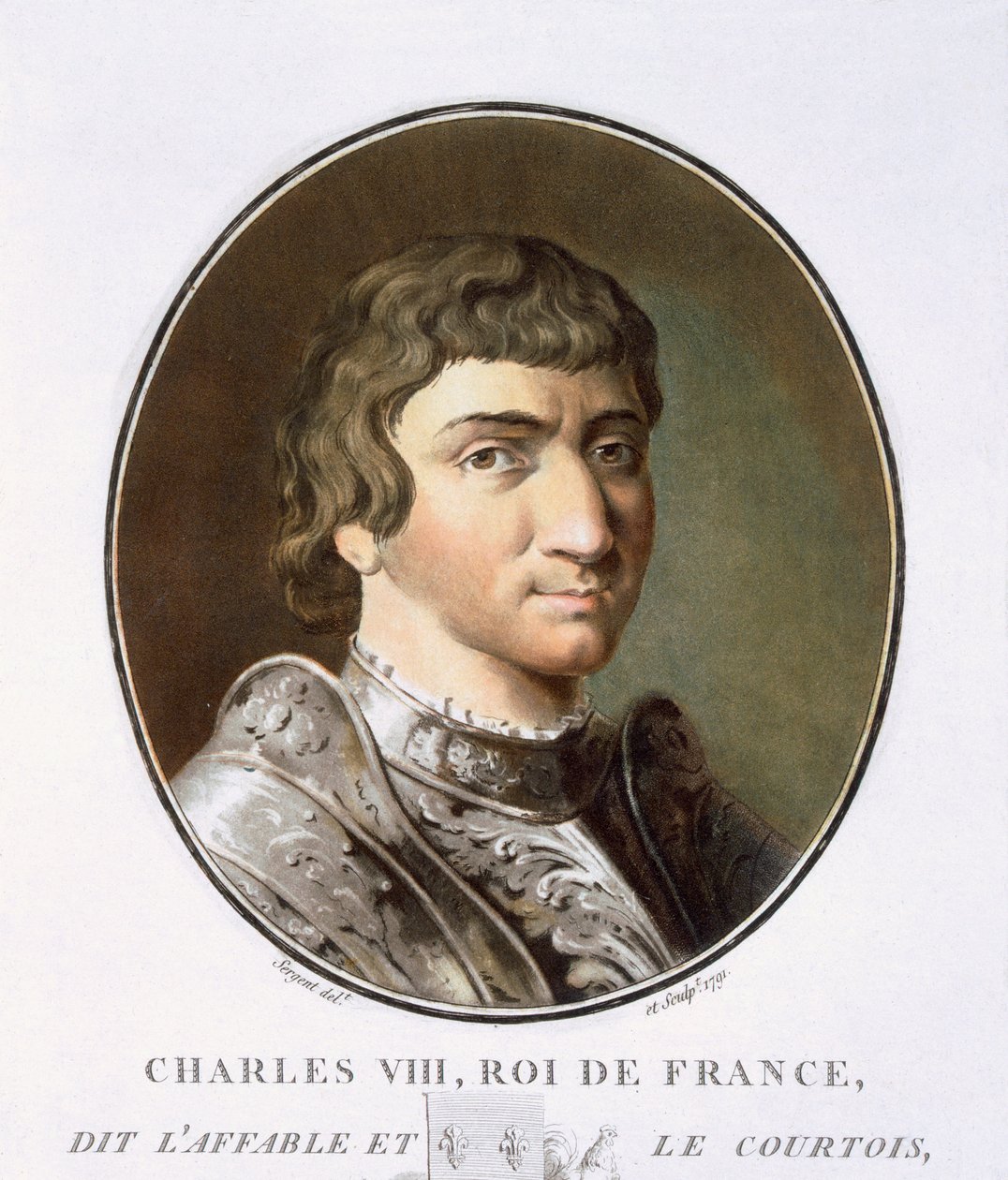Karol VIII, z Portretów wielkich mężczyzn, znamienitych kobiet i pamiętnych poddanych Francji, rytowany i drukowany w kolorze, wyd. Pierre Blin, 1786-92, Paryż (kolorowa rycina) autorstwa Antoine Louis Francois Sergent Marceau