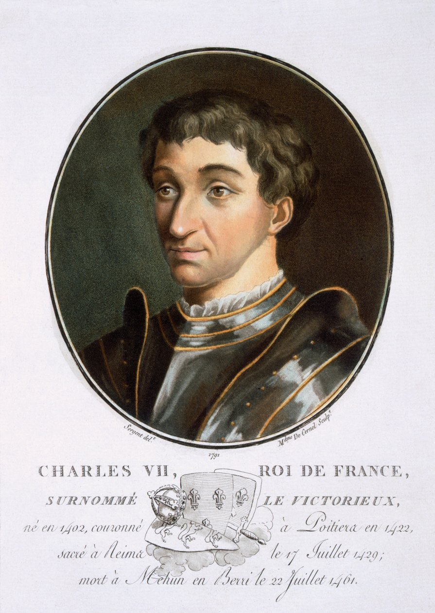 Karol VII, z Portretów wielkich mężczyzn, znamienitych kobiet i pamiętnych poddanych Francji, rytowany i drukowany w kolorze, wyd. Pierre Blin, 1786-92, Paryż (kolorowa rycina) autorstwa Antoine Louis Francois Sergent Marceau