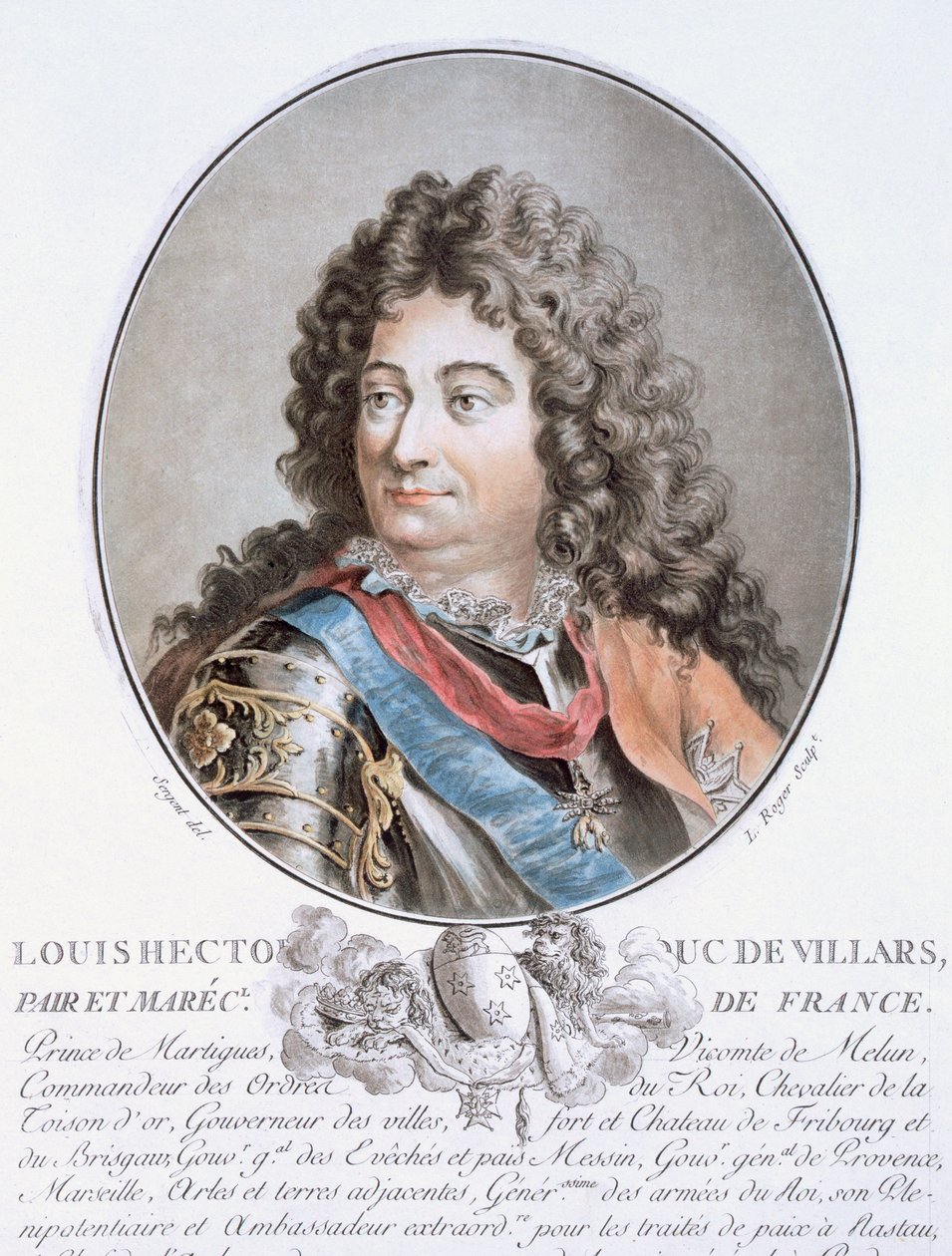 Claude Louis Hector de Villars, z „Portrety wielkich mężczyzn, znamienitych kobiet i pamiętnych poddanych Francji, grawerowane i drukowane w kolorach”, opublikowane przez Pierre Blin, 1786-92, Paryż (kolor en autorstwa Antoine Louis Francois Sergent Marceau