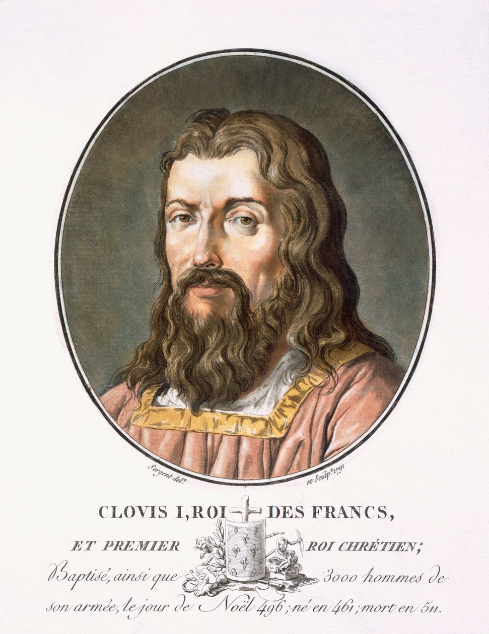 Clovis I, z „Portrety wielkich mężczyzn, znamienitych kobiet i pamiętnych poddanych Francji, ryte i drukowane w kolorach”, wyd. Pierre Blin, 1786-92, Paryż (kolorowe grawerowanie) autorstwa Antoine Louis Francois Sergent Marceau
