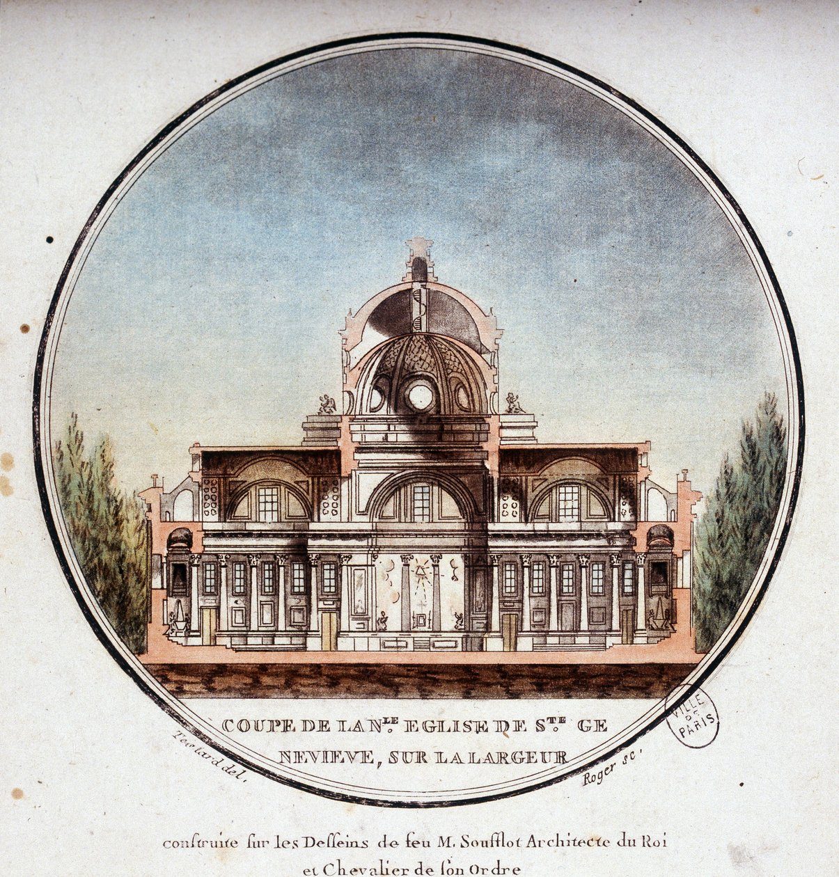 Wycięty na szerokość nowy kościół Sainte Geneviève, zbudowany według rysunków architekta Soufflota z Paryża. W pritoresque widokach głównych budynków Paryża autorstwa sierżanta autorstwa Antoine Louis Francois Sergent Marceau