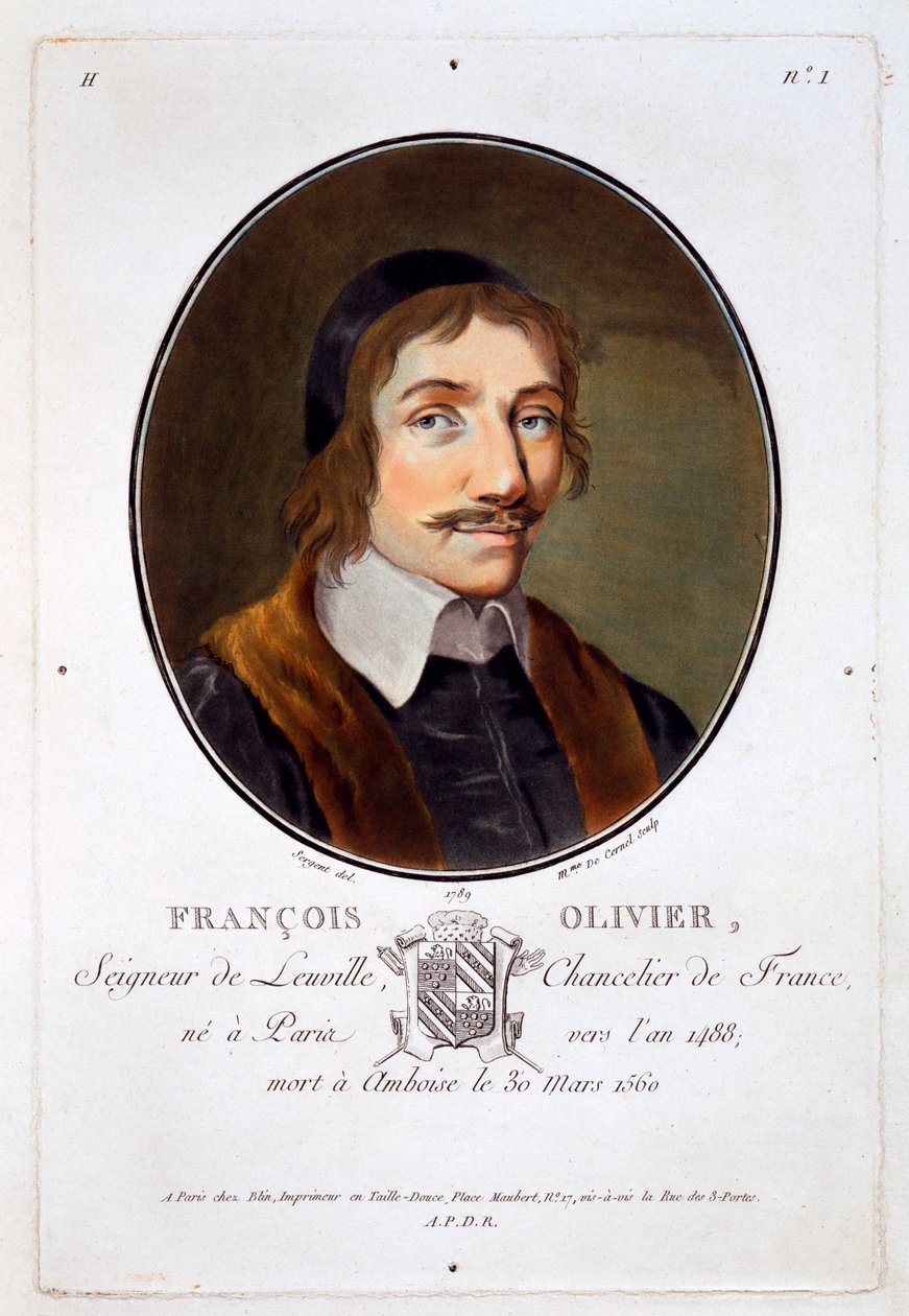 Francois Olivier Seigneur de Leuville, z „Portretów wielkich mężczyzn, znamienitych kobiet i pamiętnych poddanych Francji”, grawerowanych i drukowanych w kolorze, wyd. Pierre Blin, 1786-92, Paryż (colo autorstwa Antoine Louis Francois Sergent Marceau