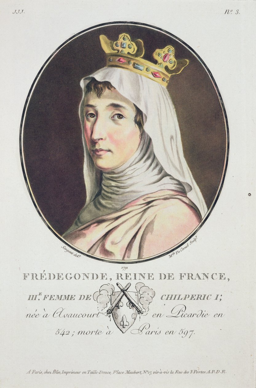 Fredegonde, królowa Franków, z Portretów wielkich ludzi, wybitnych kobiet i pamiętnych poddanych Francji, grawerowane i drukowane w kolorze, wydane przez Pierre Blin, 1786-92, Paryż (kolor e autorstwa Antoine Louis Francois Sergent Marceau