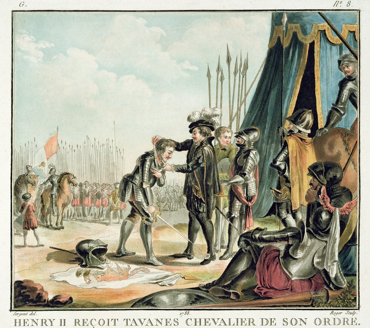 Henri II (1519-59) przyjmuje Jean de Tavanes jako rycerza do swojego zakonu, ryty przez Rogera, 1788 autorstwa Antoine Louis Francois Sergent Marceau