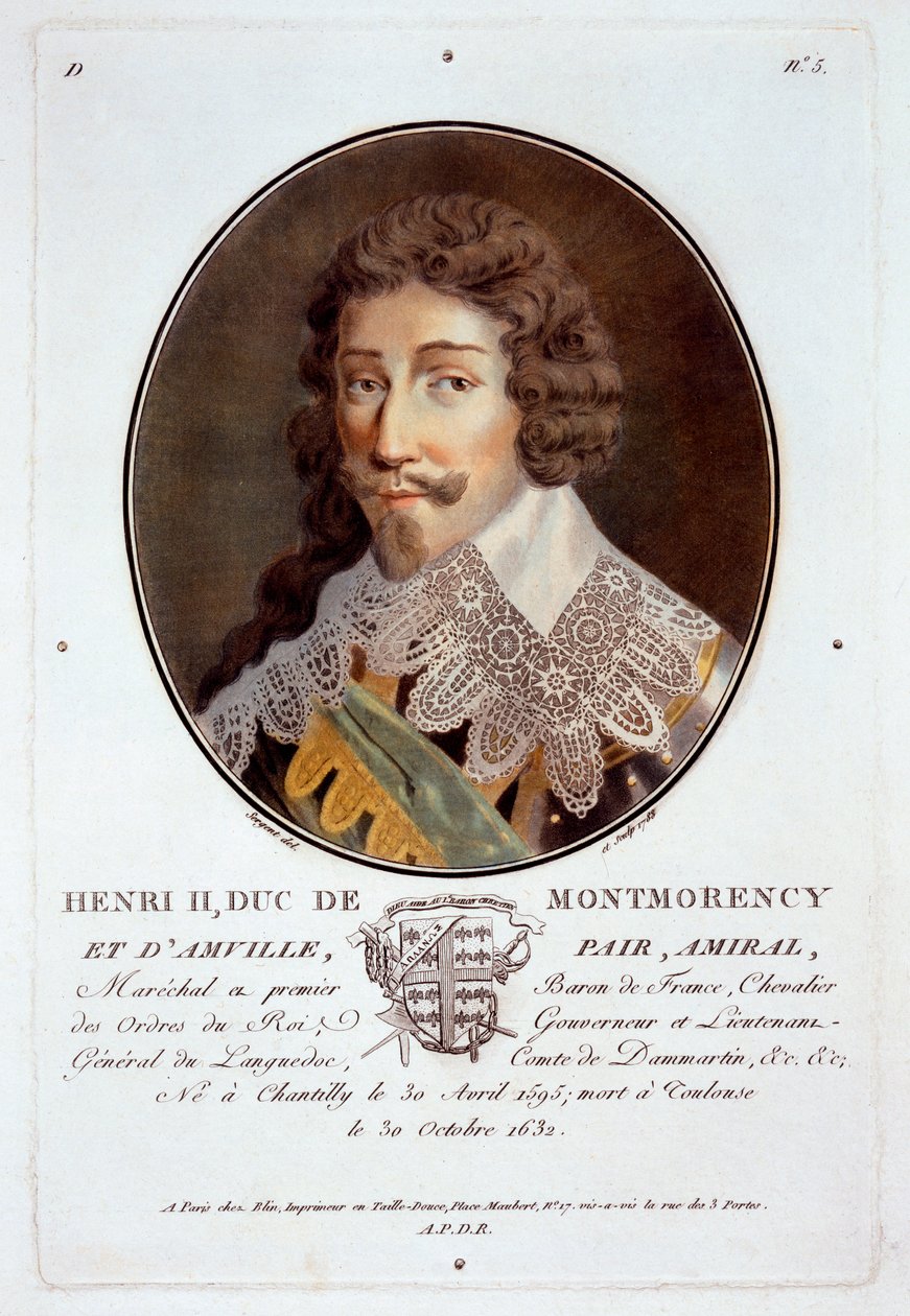 Henri II, Duc de Montmorency et dAmville, z Portretów wielkich mężczyzn, wybitnych kobiet i pamiętnych poddanych Francji, ryty i drukowany w kolorze, opublikowany przez Pierre Blin, 1786-92, Paryż (ok. autorstwa Antoine Louis Francois Sergent Marceau
