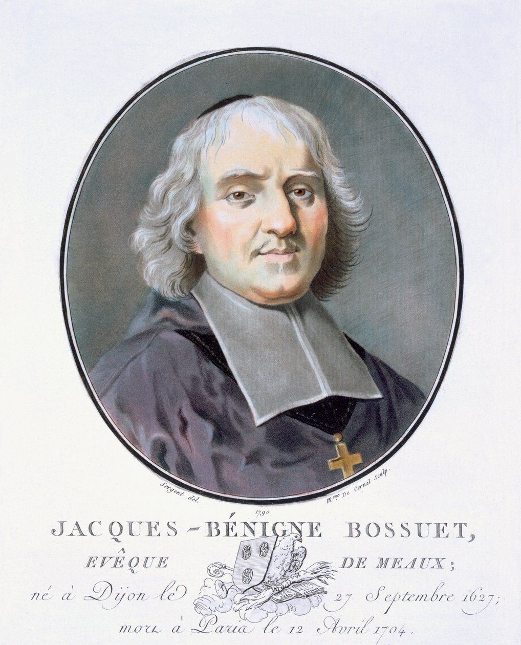 Jacques = Benigne Bossuet, z Portretów wielkich mężczyzn, wybitnych kobiet i pamiętnych poddanych Francji, grawerowane i drukowane w kolorze, wydane przez Pierre Blin, 1786-92, Paryż (kolorowe grawerowanie) autorstwa Antoine Louis Francois Sergent Marceau