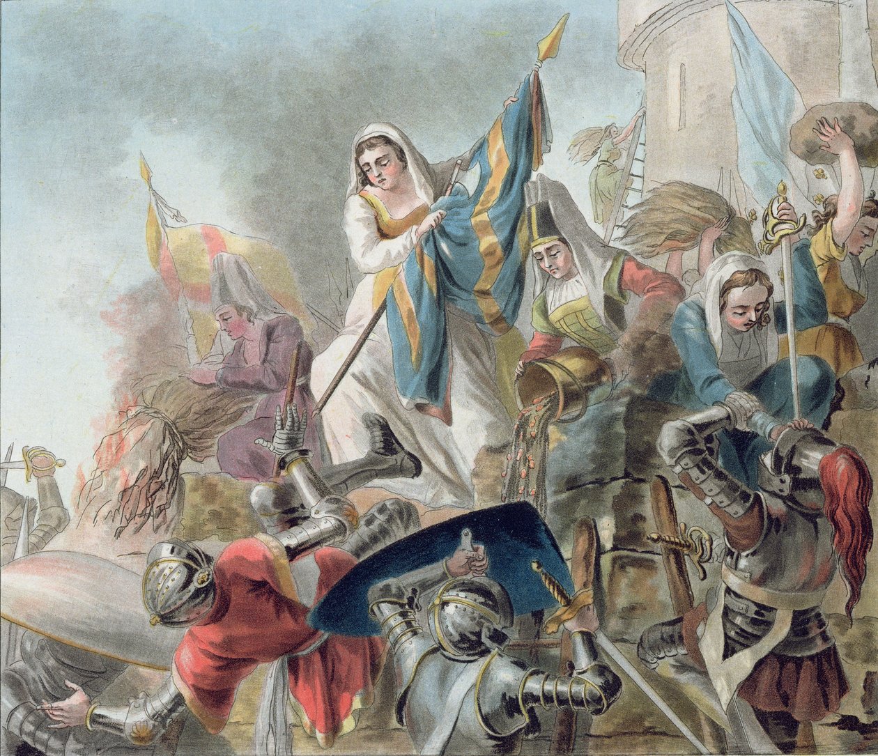 Jeanne Laisne wznosi sztandar przeciwko ludziom z Bourgogne, rycina autorstwa Morreta (1790-1820) 1787 autorstwa Antoine Louis Francois Sergent Marceau