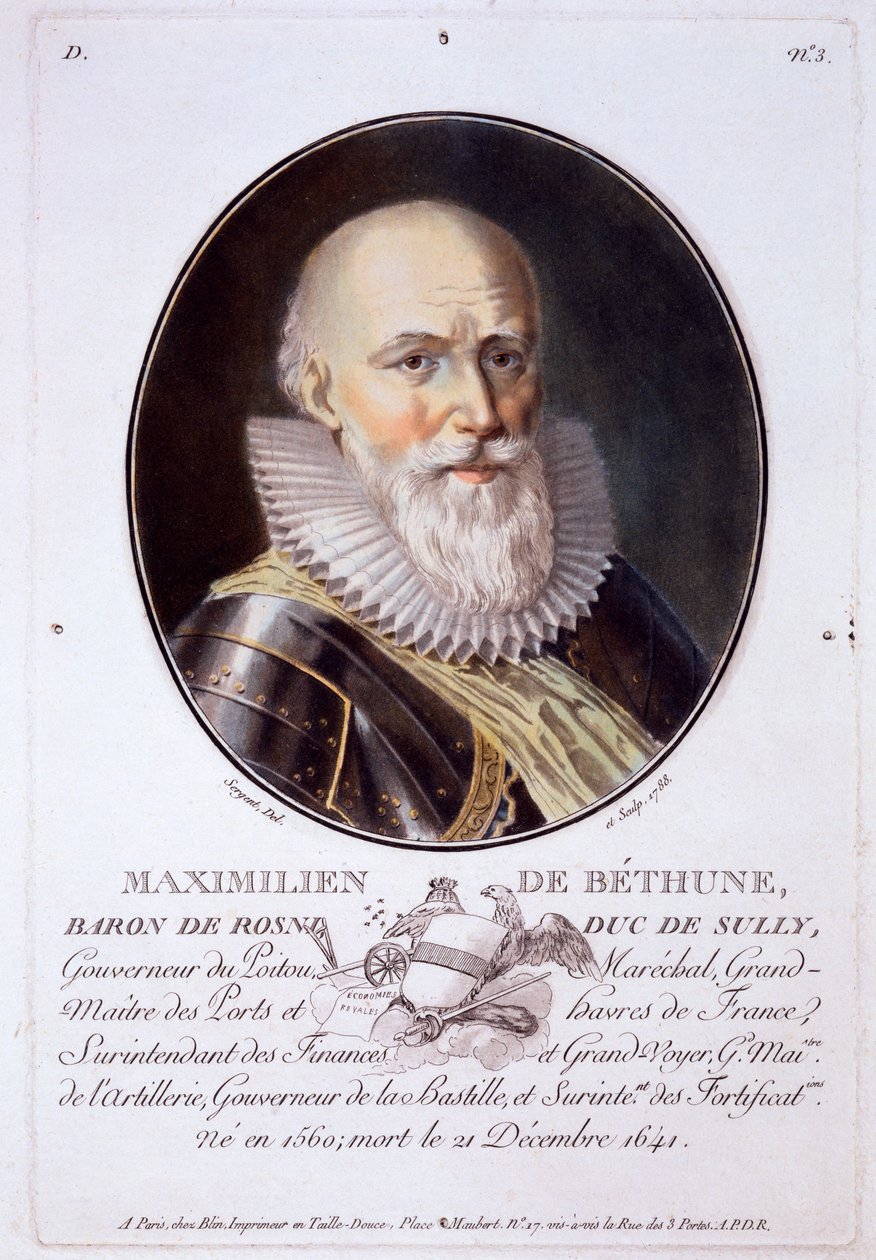 Maximilien de Bethune, Baron de Rosni i Duc de Sully, z Portretów wielkich mężczyzn, znamienitych kobiet i pamiętnych poddanych Francji, rytowanych i drukowanych w kolorze, opublikowanych przez Pierre Blin, 178 autorstwa Antoine Louis Francois Sergent Marceau
