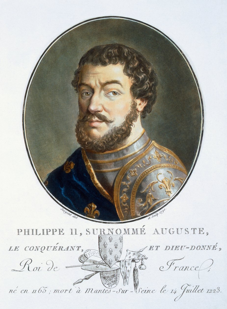 Philippe II Auguste, z Portretów wielkich mężczyzn, znamienitych kobiet i pamiętnych poddanych Francji, grawerowanych i drukowanych w kolorze, wyd. Pierre Blin, 1786-92, Paryż (kolorowe grawerowanie) autorstwa Antoine Louis Francois Sergent Marceau