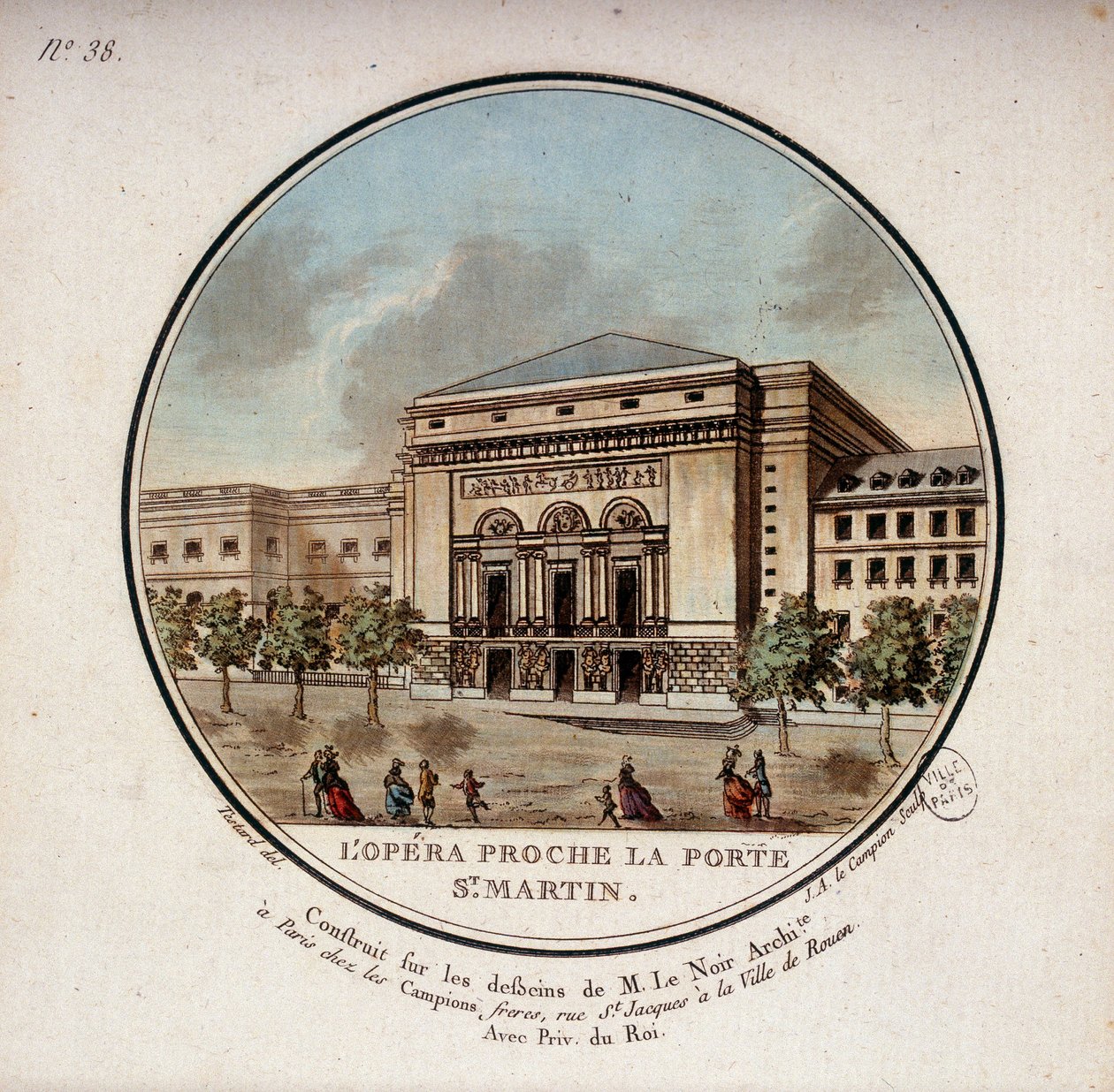 Opera zbudowana według rysunków architekta Le Noir w pobliżu Porte Saint Martin w Paryżu dziś teatr Porte Saint Martin. W pritoresque widokach głównych budynków Paryża autorstwa sierżanta autorstwa Antoine Louis Francois Sergent Marceau