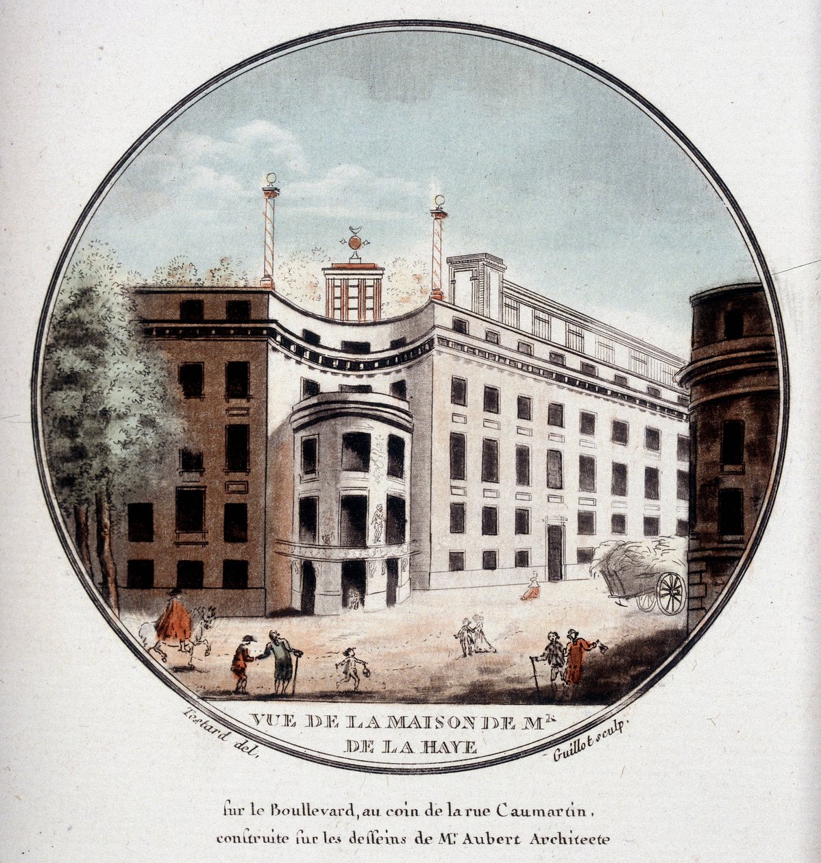 Widok na dom Monsieur de La Haye na rogu Rue Caumartin w Paryżu, zbudowany według rysunków architekta Auberta. W pittoresque widoki głównych budynków Paryża autorstwa sierżanta autorstwa Antoine Louis Francois Sergent Marceau