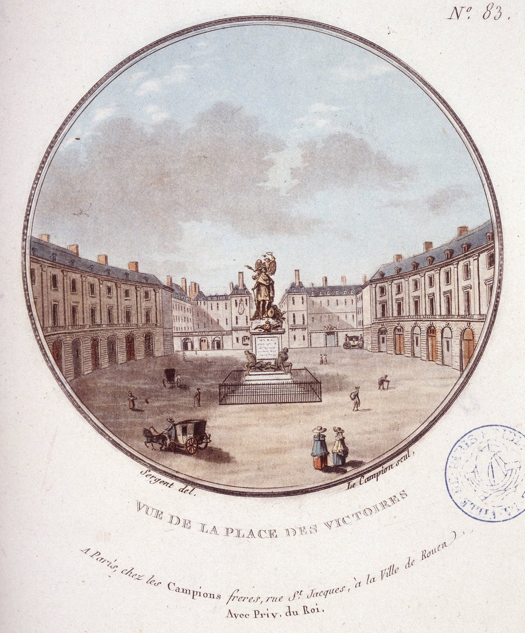 Widok na Place des Victoires, Paryż. W pritoresque widokach głównych budynków Paryża autorstwa sierżanta autorstwa Antoine Louis Francois Sergent Marceau