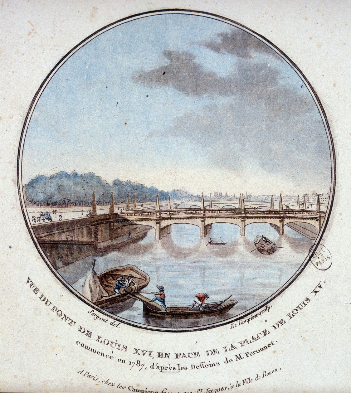 Widok mostu Ludwika XVI naprzeciw miejsca Ludwika XV rozpoczęto w 1787 r. według rysunków pana Peronneta. W pritoresque widokach głównych budynków Paryża autorstwa sierżanta autorstwa Antoine Louis Francois Sergent Marceau