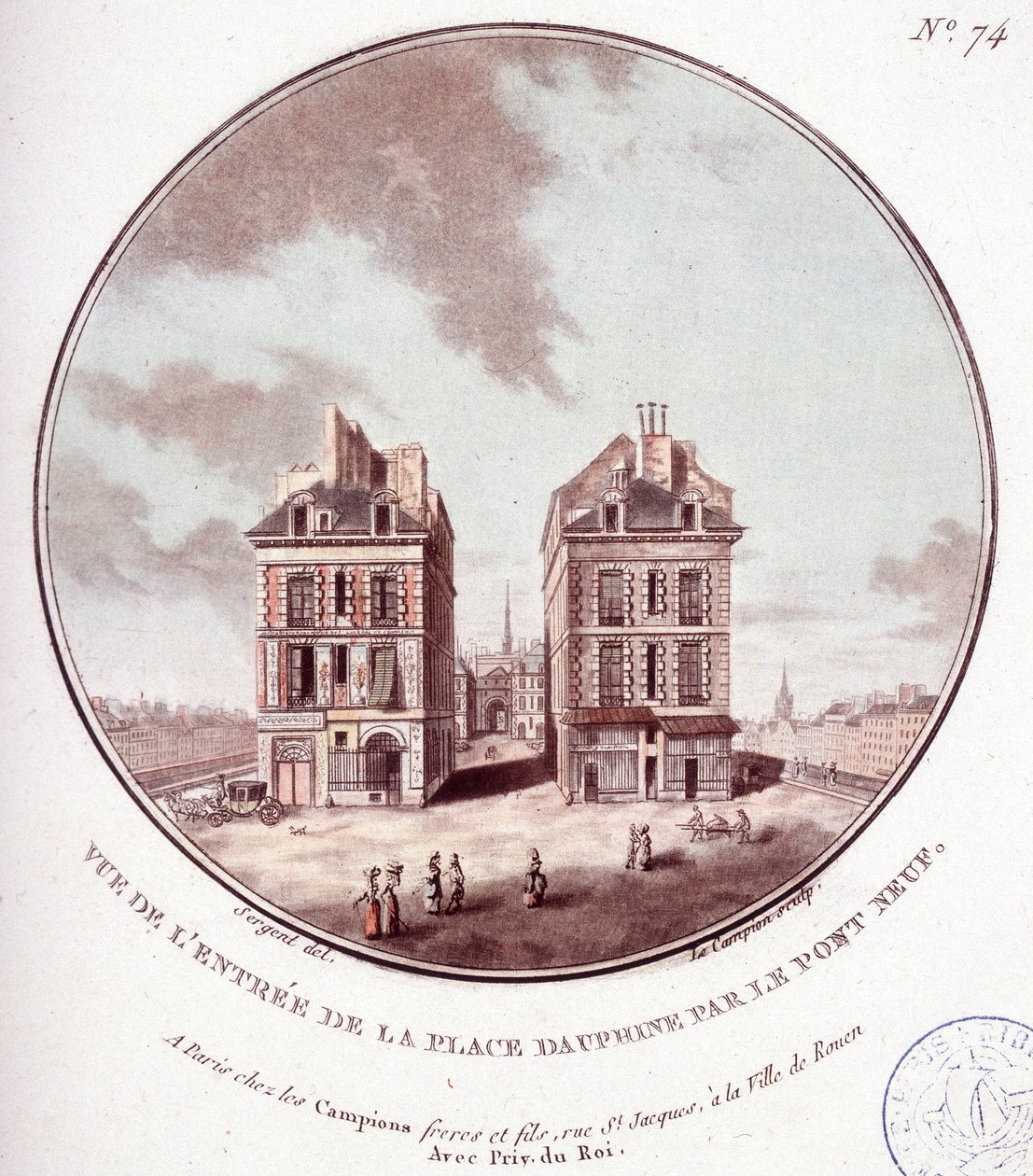 Widok na wejście do Place Dauphine przez Pont Neuf w Paryżu. W pritoresque widokach głównych budynków Paryża autorstwa sierżanta autorstwa Antoine Louis Francois Sergent Marceau