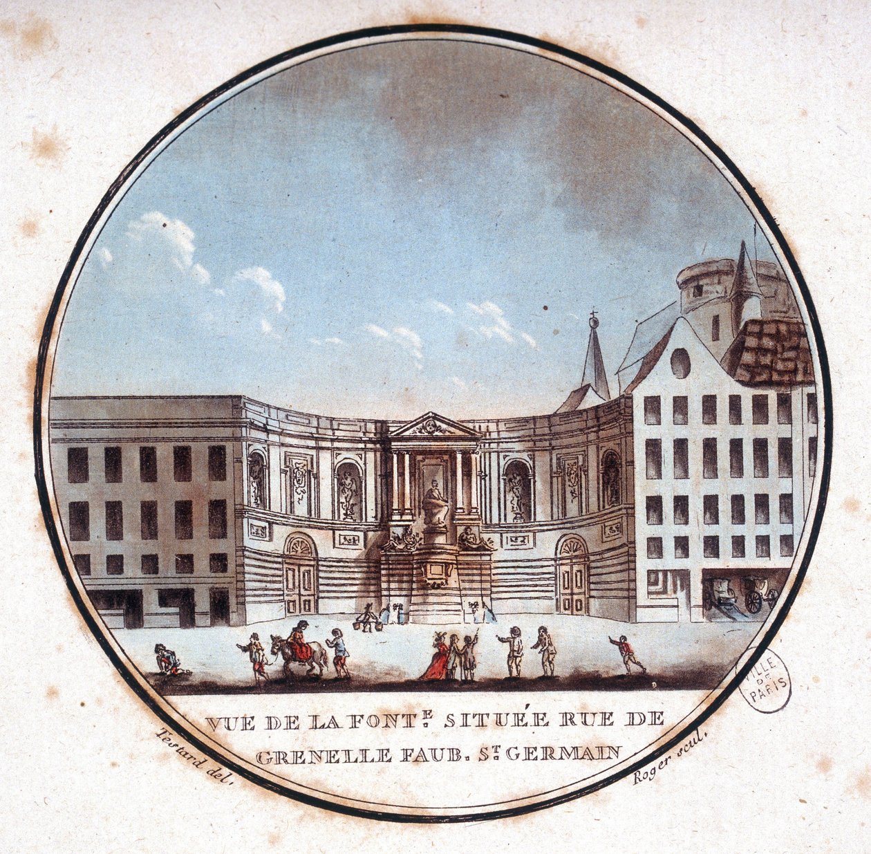 Widok na fontannę znajdującą się przy rue de Grenelle Faubourg Saint Germain, obecnie fontannę Grenelle. W pittoresque widoki głównych budynków Paryża autorstwa sierżanta autorstwa Antoine Louis Francois Sergent Marceau