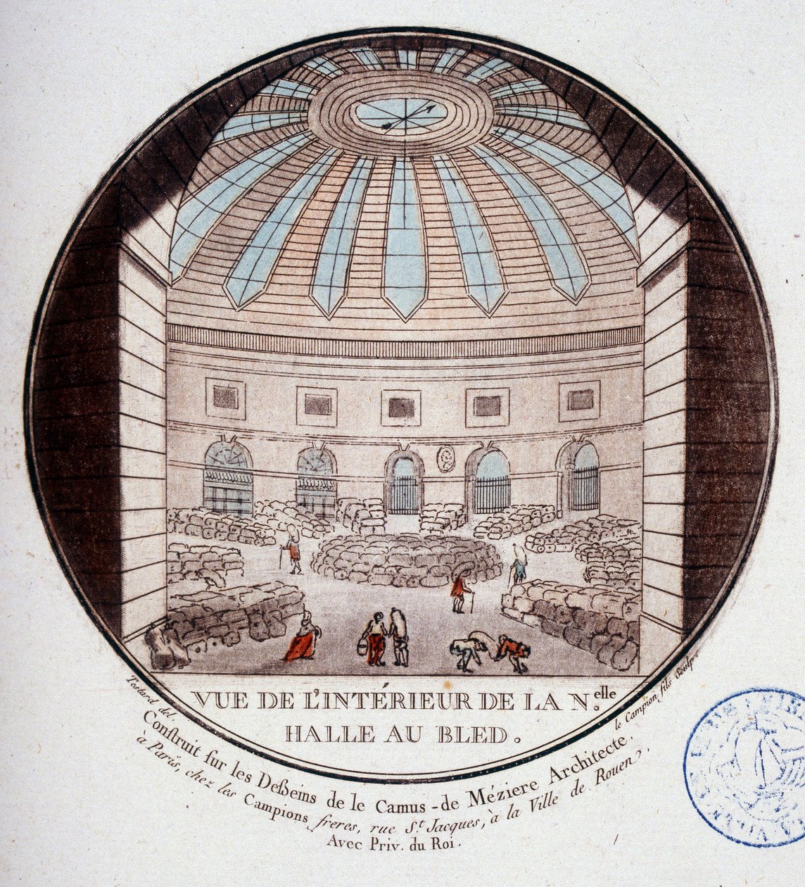 Widok wnętrza nowej hali targowej wybudowanej przez Le Camus de Mézières w latach 1763-1766, dziś giełda w Paryżu. W pritoresque widokach głównych budynków Paryża autorstwa sierżanta autorstwa Antoine Louis Francois Sergent Marceau