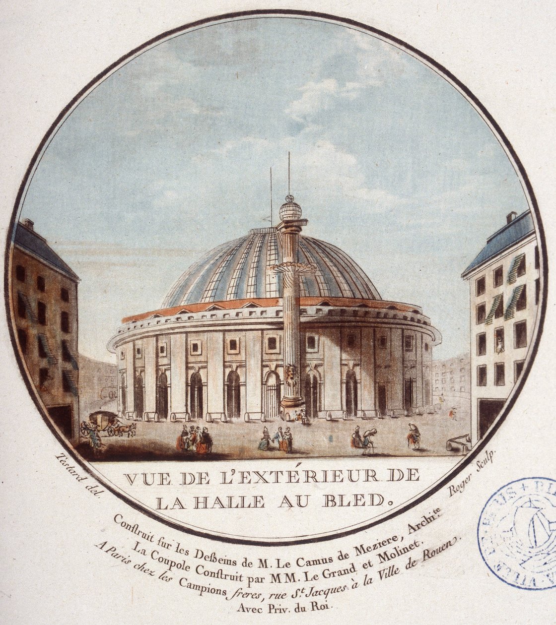 Widok z zewnątrz na targ pszenicy, Paryż zbudowany przez Le Camus de Mézières w latach 1763-1766, dziś giełda w Paryżu. W pritoresque widokach głównych budynków Paryża autorstwa sierżanta autorstwa Antoine Louis Francois Sergent Marceau