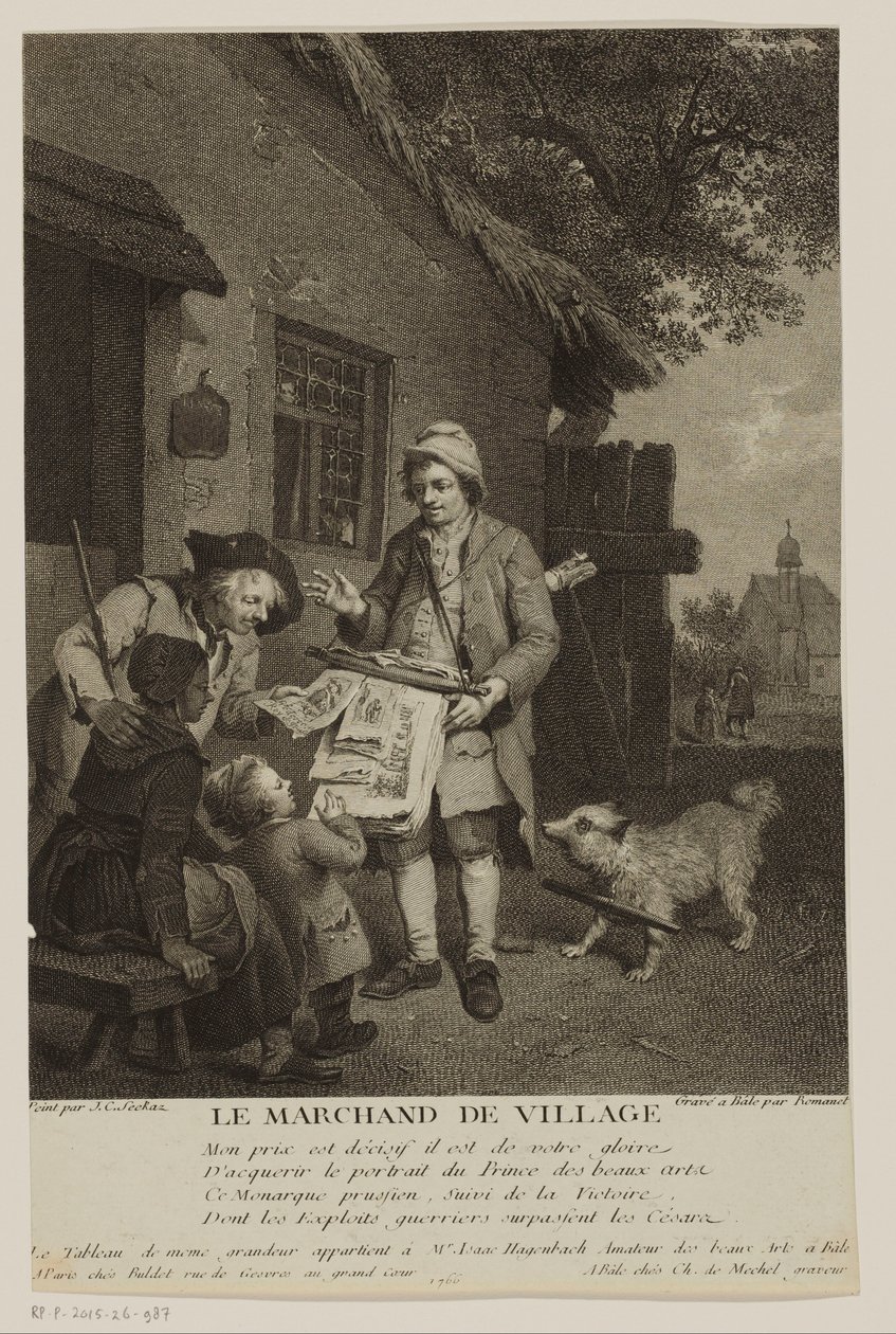 Wędrowny sprzedawca druków w wiosce Le Marchand de Village (tytuł na obiekcie) autorstwa Antoine Louis Romanet