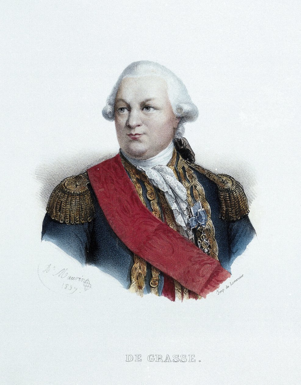 Portret admirała François Josepha Paula De Grasse (1722-1788). Litografia (23,9 x 15,6 cm), praca Antoine Maurin (1793-1890), grawerowanie Lemercier autorstwa Antoine Maurin