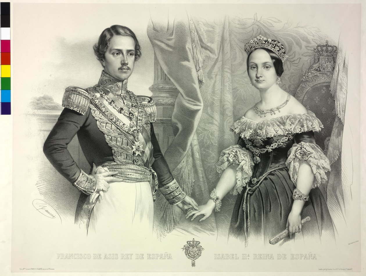 Królowa Hiszpanii i jej mąż Franciszek Izabela II (litografia) autorstwa Antoine Maurin