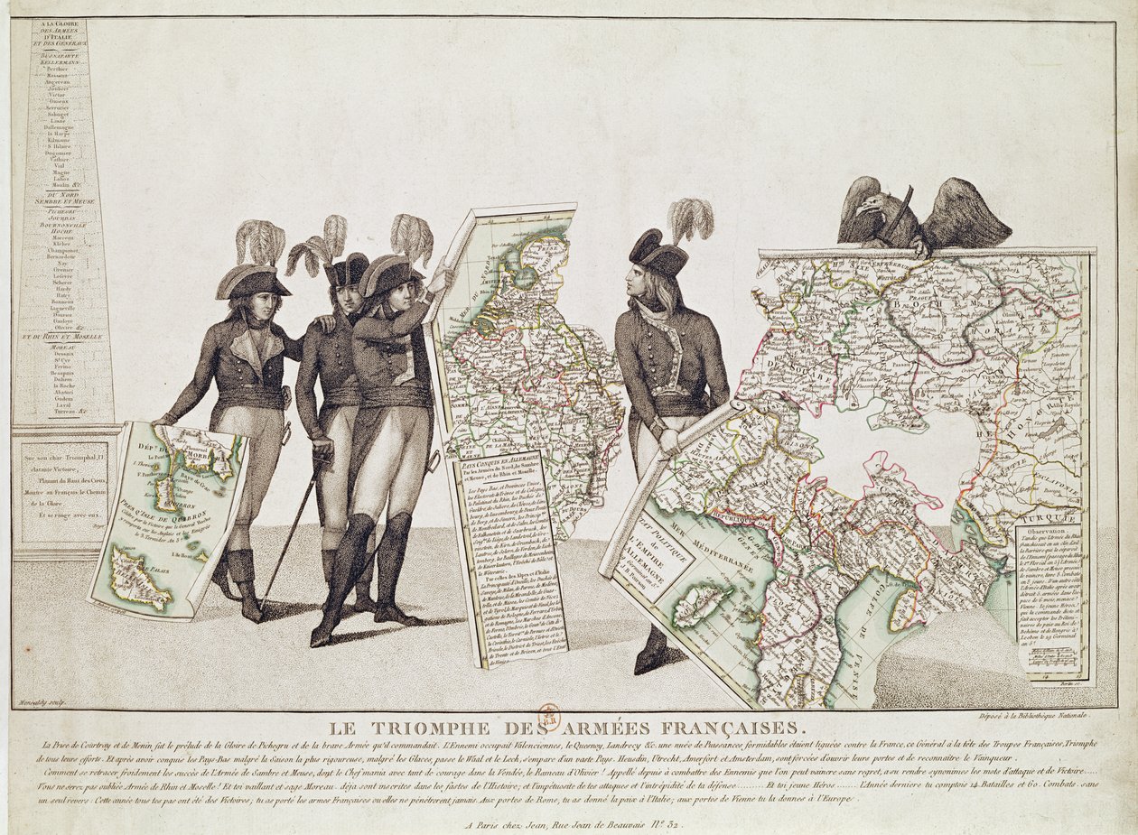 Triumf armii francuskich, Napoleon i jego generałowie trzymający mapy swoich zwycięstw w czasie pokoju w Loeben, 18 kwietnia 1797, c.1797 autorstwa Antoine Maxime Monsaldy