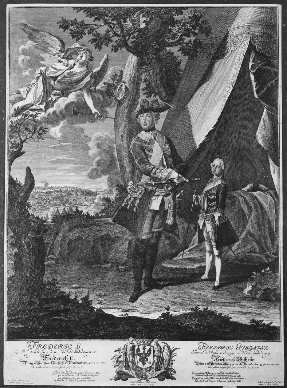 Fryderyk II (1712-86) i jego bratanek Fryderyk Wilhelm II (1744-97), rycina Johanna Probsta (1673-1750) autorstwa Antoine Pesne