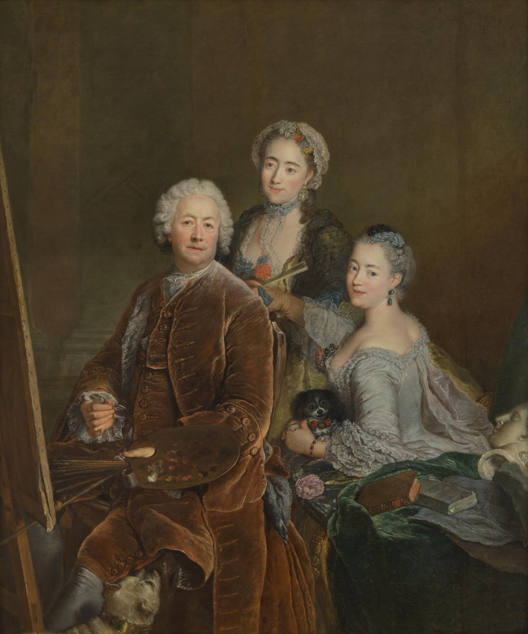 Autoportret przed sztalugą z córkami Henriette Joyard i Marie de Rège autorstwa Antoine Pesne