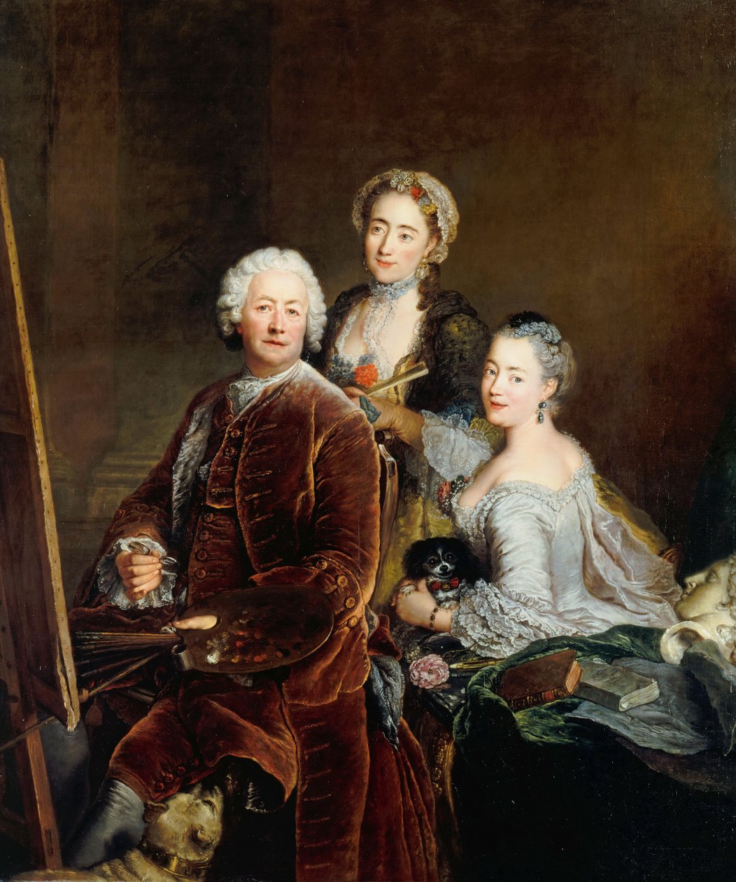 Autoportret z córkami Henriette Royard i Marie de Rège przed sztalugą autorstwa Antoine Pesne