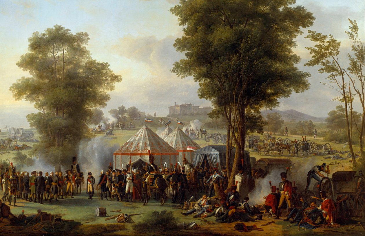 Biwak cesarza Napoleona I (1769-1821) w pobliżu zamku Ebersberg w Austrii 4.05.1809 Obraz Antoine Pierre Mongin (1761-1827) 1810 Nd. 1,35x2,03m. autorstwa Antoine Pierre Mongin