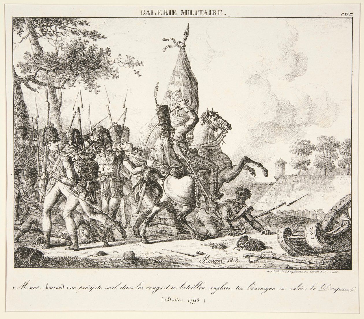 Menier (Hussar) sam rzuca się w szeregi angielskiego batalionu, zabija chorążego i zdobywa flagę (Druten, 1795) autorstwa Antoine Pierre Mongin