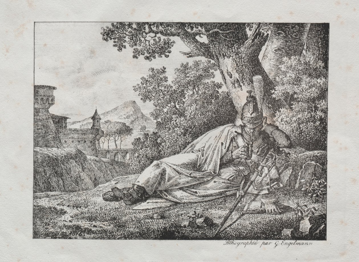 Zbiór esejów litograficznych: Dymiący smok leży u podnóża drzewa, 1822. autorstwa Antoine Pierre Mongin