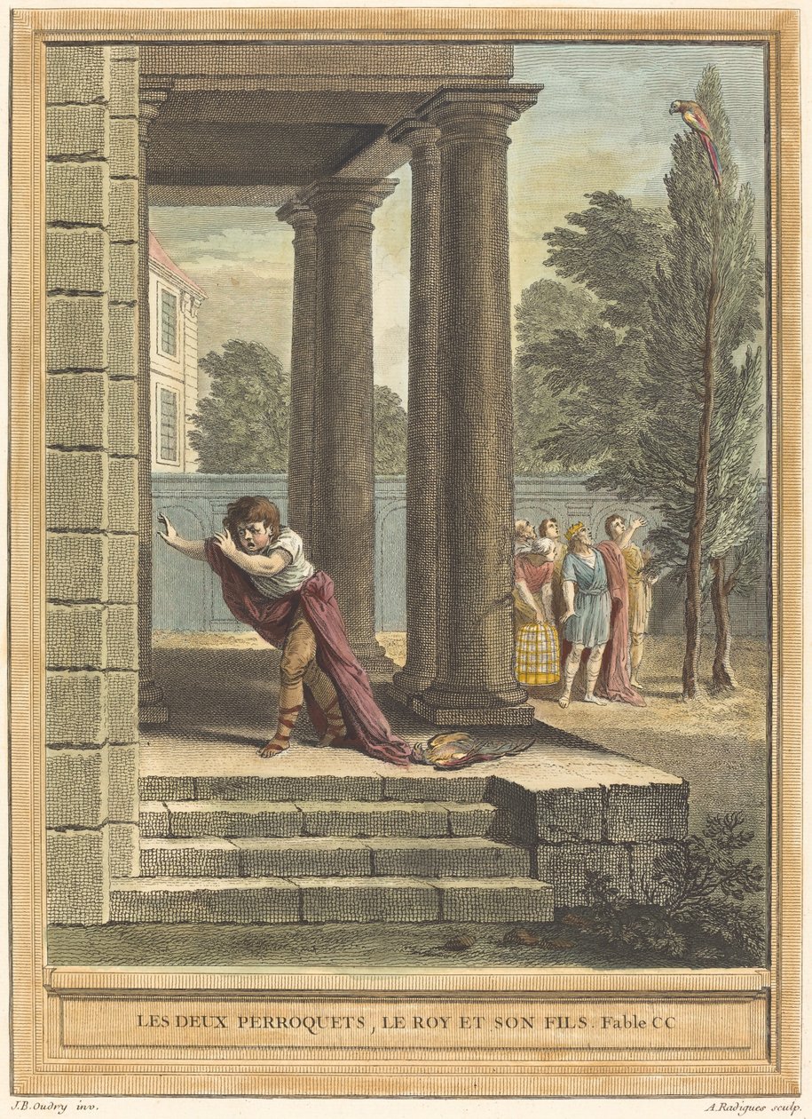 Dwie papugi, król i jego syn autorstwa Antoine Radigues after Jean Baptiste Oudry
