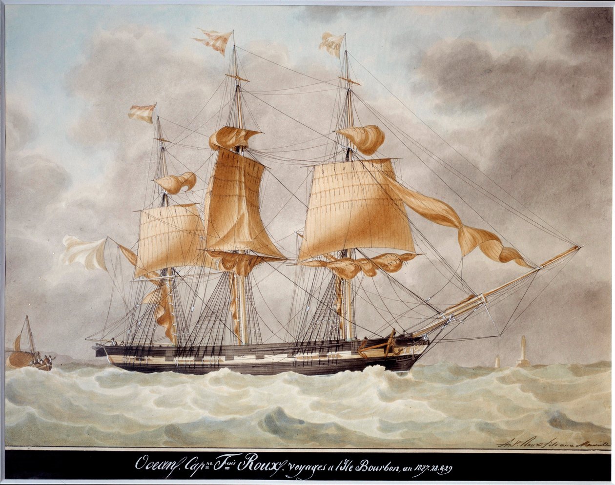 Ocean Trois Mats Carres, Voyage to Bourbon Island Akwarela autorstwa Antoine Roux (1765-1835) 1827-1829 Marsylia, Muzeum Morskie autorstwa Antoine Roux