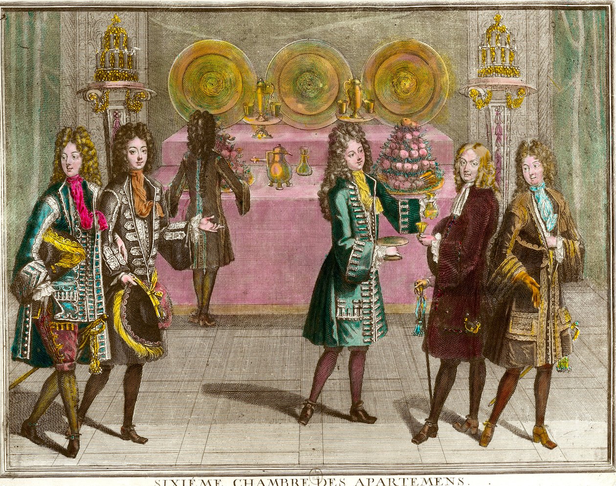 Bufet to przekąski w szóstej sypialni mieszkań rodziny Ludwika XIV (1638-1715) wieczorami Mieszkanie w Wersalu ok. 1696 Grawerowanie Antoine Trouvaina (1656-1708) ok. 1696 r. Prywatna kolekcja autorstwa Antoine Trouvain